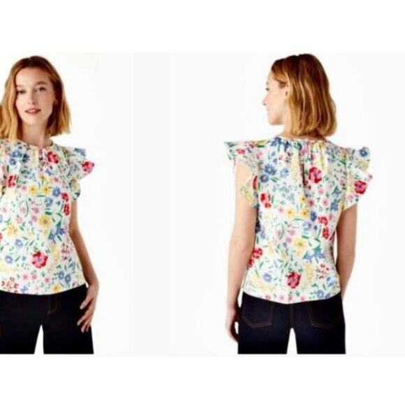 Kate Spade New England‎ Ruffle Bright Florals Flutter Sleeve Top Size XS - Picture 1 of 8